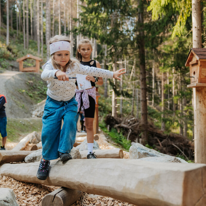 Ein Mädchen balanciert im Wichtelpark über eine hölzerne Konstruktion.