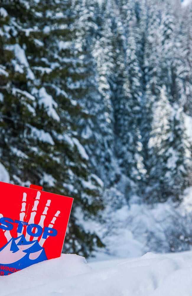 Eine rot, weiß, blaue Lawinengefahrtafel in einem frisch verschneitem Wald.