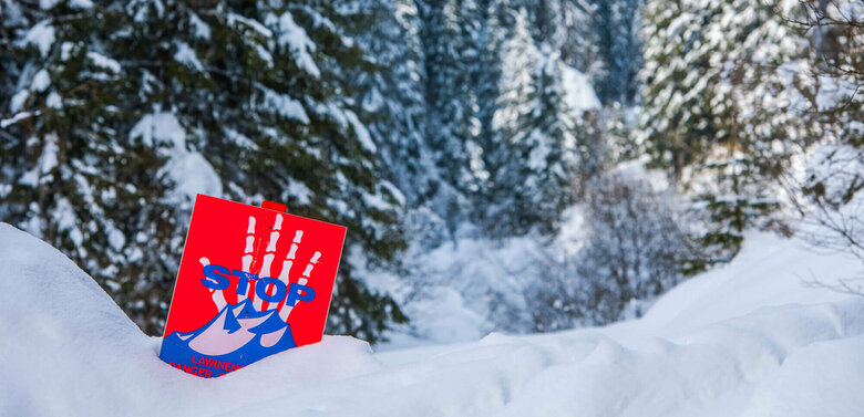 Eine rot, weiß, blaue Lawinengefahrtafel in einem frisch verschneitem Wald.