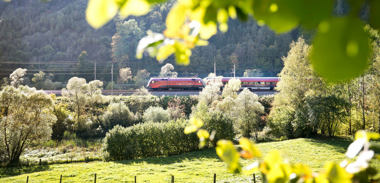 ÖBB Railjet aus weiter Entfernung in der Natur mit Bäumen und Sträuchern umgeben.