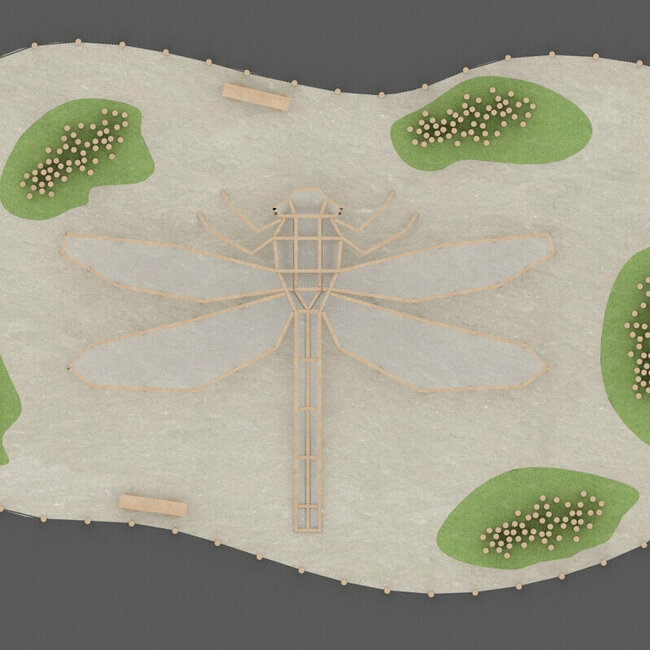 Eine Skizze in der Ansicht von oben von "Odo die Libelle" bei dem Wassermythos Ochsenlacke.