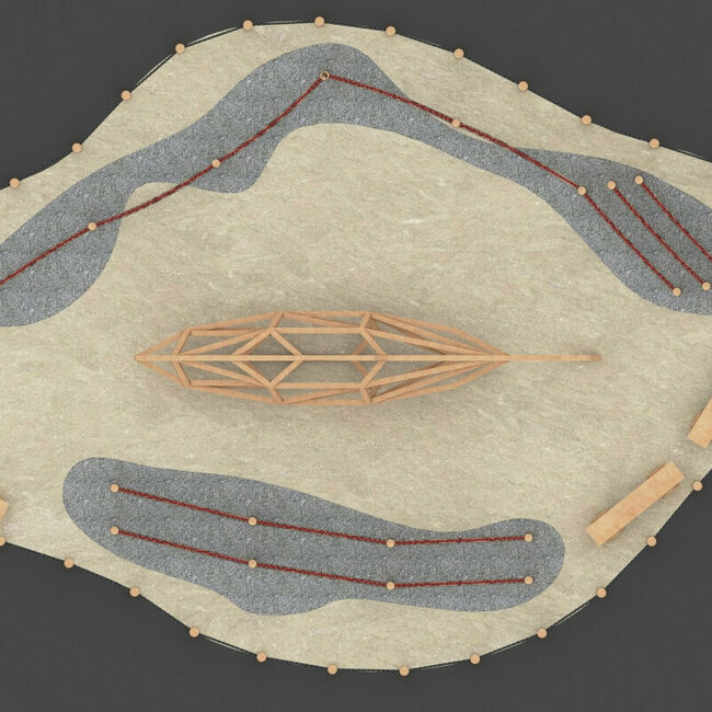 Eine Skizze aus der Ansicht von oben von "Salmo der Bachforelle", einem Spielgerät von dem Wassermythos Ochsenlacke.