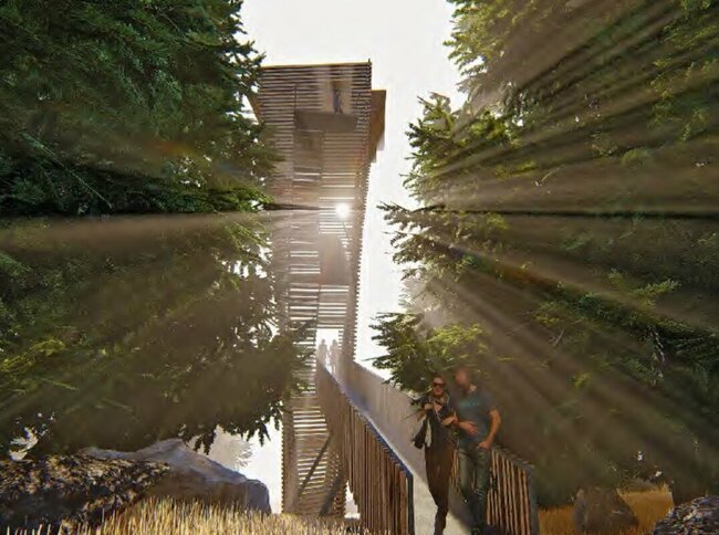 Eine Skizze des Beobachtungsturms im Oberhauser Zirbenwald. Das naturnahe Design lässt die Sonnenstrahlen durch das Gerüst blitzen.