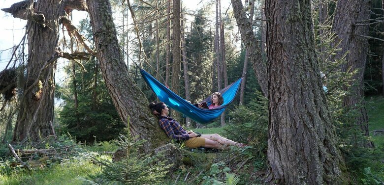 Zwei Frauen im Wald zwischen Bäumen. Eine Frau liegt in einer Hängematte und liest ein Buch.