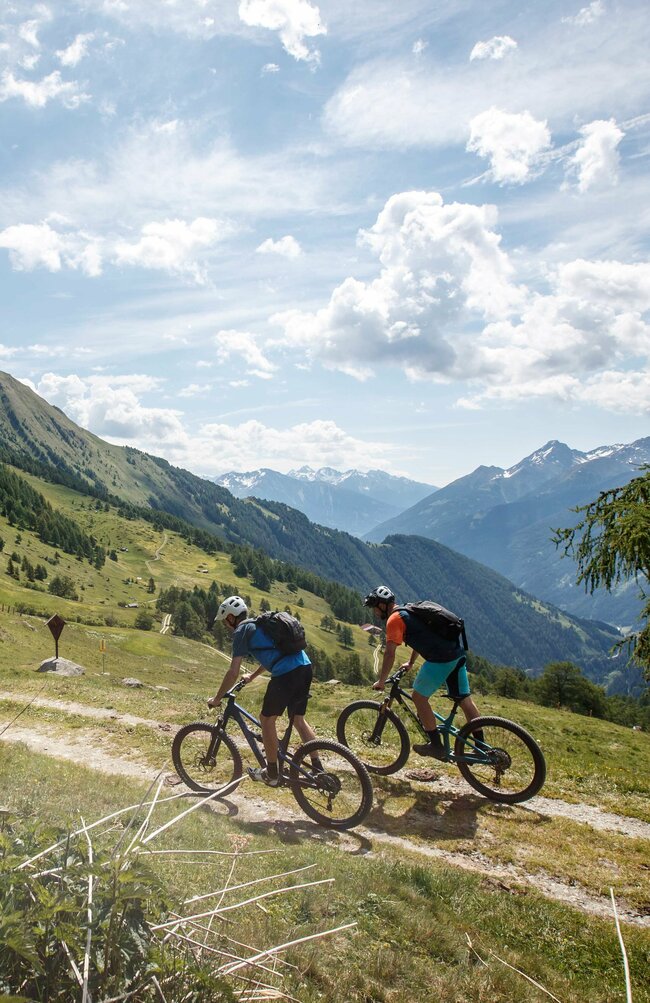 Zwei Mountainbiker kurz vor der Bodenalm im Timmeltal an einem Sommertag.