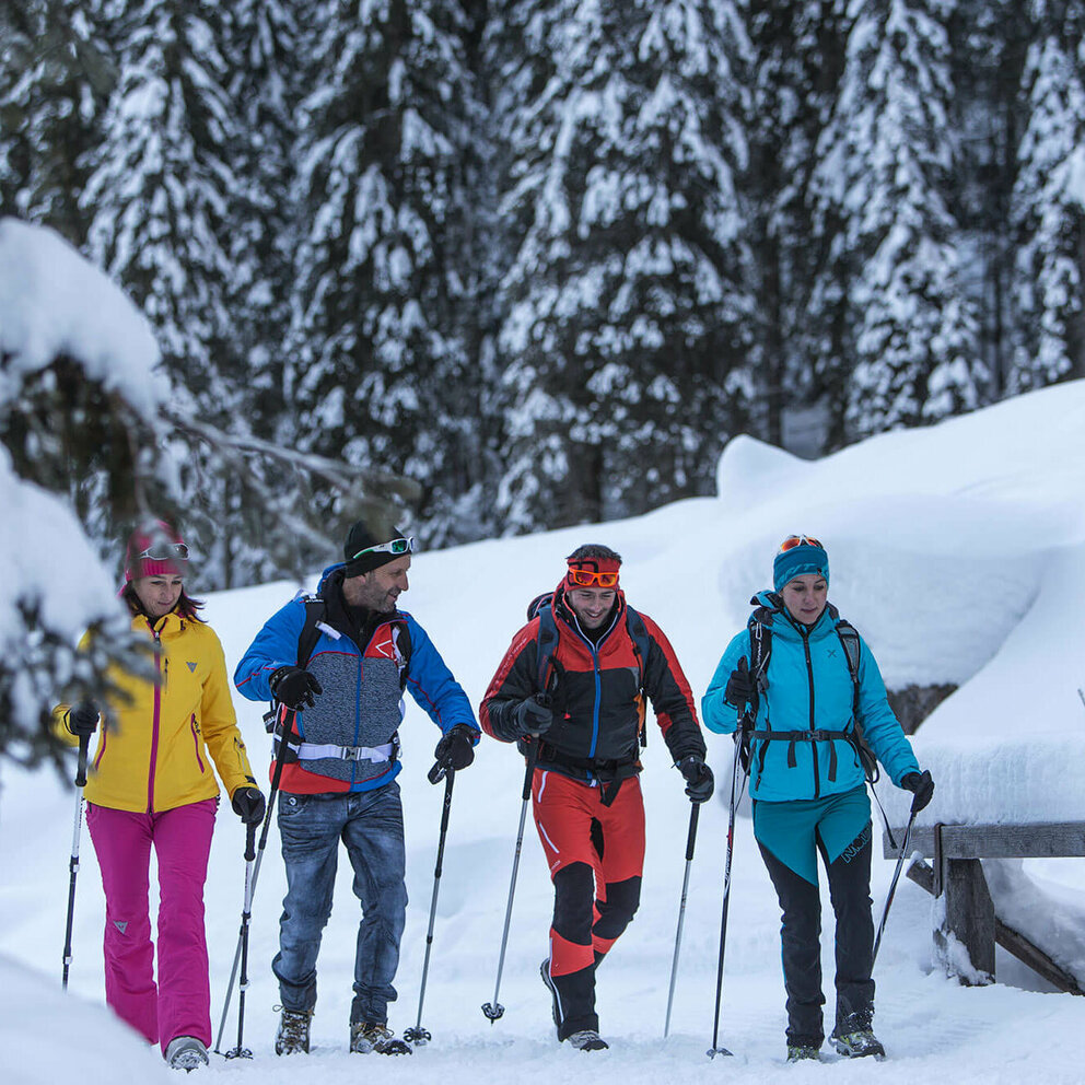 Zwei Pärchen wandern bunt gekleidet in verschneiter Winterlandschaft mit Stöcken ausgerüstet und Rucksack auf einem Winterwanderweg.
