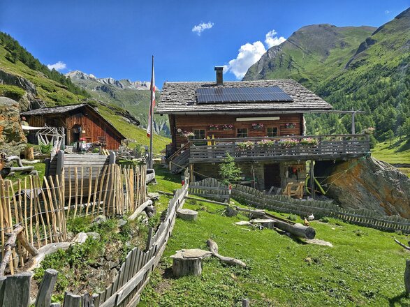 Eine urige Alm mit Holzzäunen, einer Terrasse und vielen Tieren.
