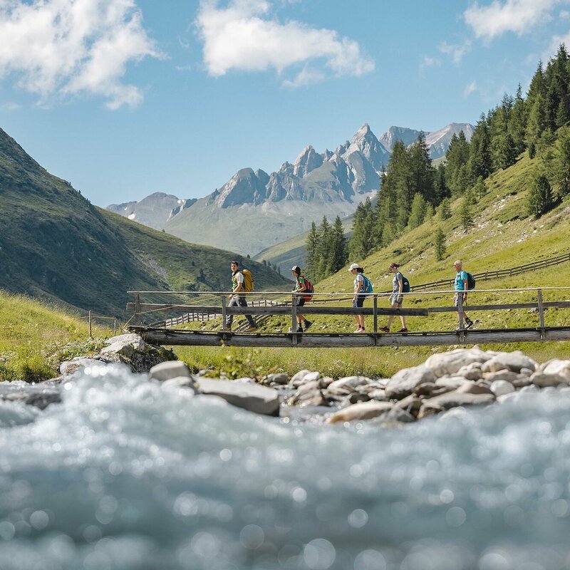 Vier Personen gehen mit einem Nationalpark Ranger über eine Holzbrücke bei den Jagdhausalmen mit traumhaftem Bergpanorama.