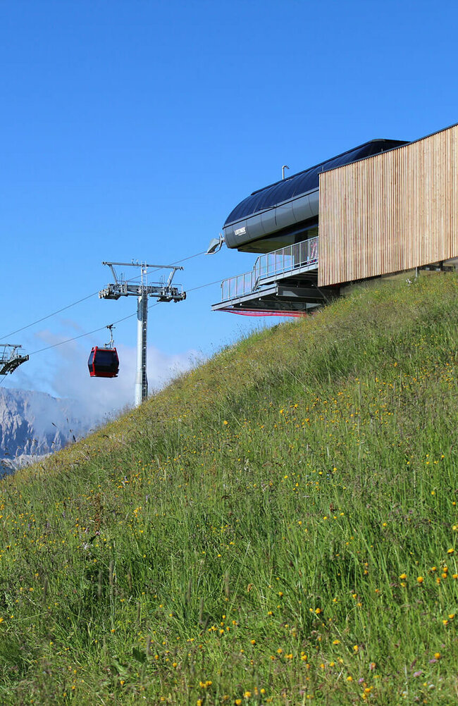 Blumenreiche, sattgrüne Bergwiese mit Seilbahn-Bergstation in senkrecht verlaufender, leicht verwitterter Holzverkleidung. Die letzten drei Liftstützen vor der Bergstation und eine rote Seilbahngondel sowie der blaue Himmel und im Hintergrund eine halbrunde, markante Felsburg bilden einen schönen Kontrast dazu.