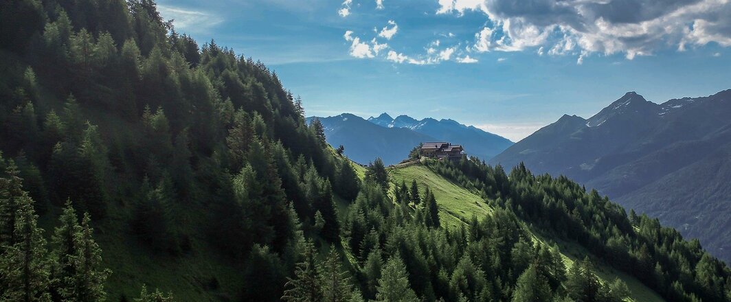 Der Ausblick von der Nilljochhütte zeigt bewaldete Berghänge, einen sonnigen Bergrücken und die umliegende Bergwelt. Auf einem Höhenrücken ist eine Hütte inmitten der Landschaft zu sehen. Darüber erstrecken sich ein weiter Himmel und die Silhouetten entfernter Gipfel.