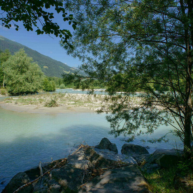 Das türkis-blaue Wasser der unteren Isel in Oberlienz. In der Mitte ist eine kleine Sandbank. Am Ufer wachsen viele grüne Bäume.