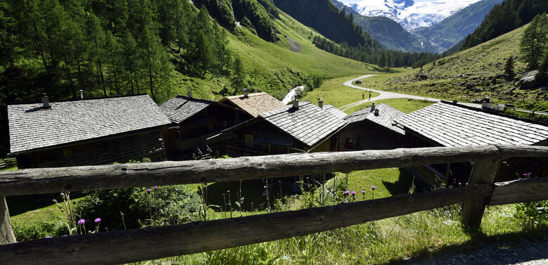 Sommerlicher Blick auf ein traditionelles Almdorf im Gschlösstal, überragt vom majestätischen Großvenediger im Hintergrund