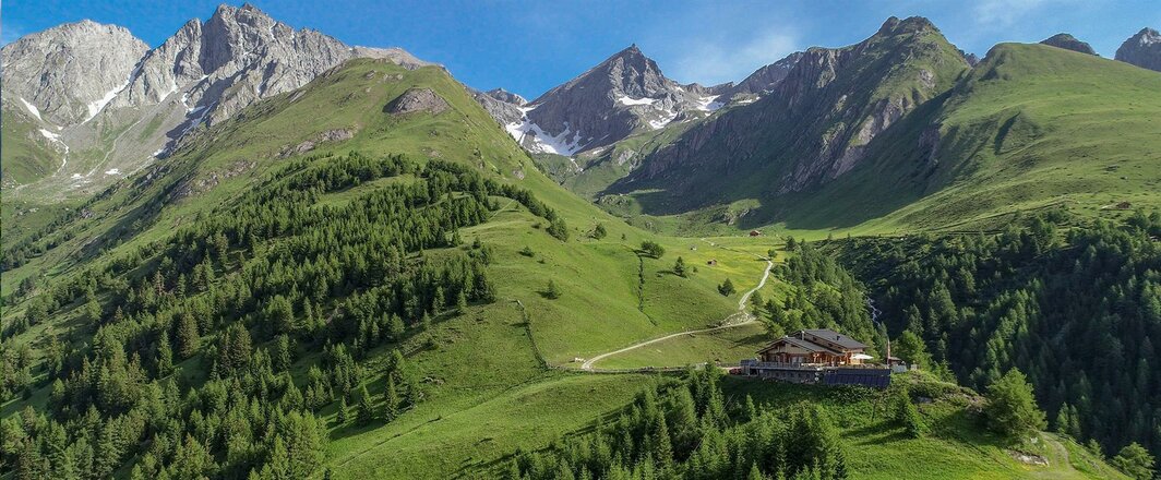 <p>Die Nilljochhütte in Virgen liegt auf einem grünen Bergrücken inmitten einer weitläufigen Almlandschaft. Die Hütte ist von Wiesen und einzelnen Baumgruppen umgeben, während im Hintergrund hohe Berge und ein sanft ansteigender Bergsattel zu sehen sind. Ein schmaler Weg führt durch die Landschaft.</p>