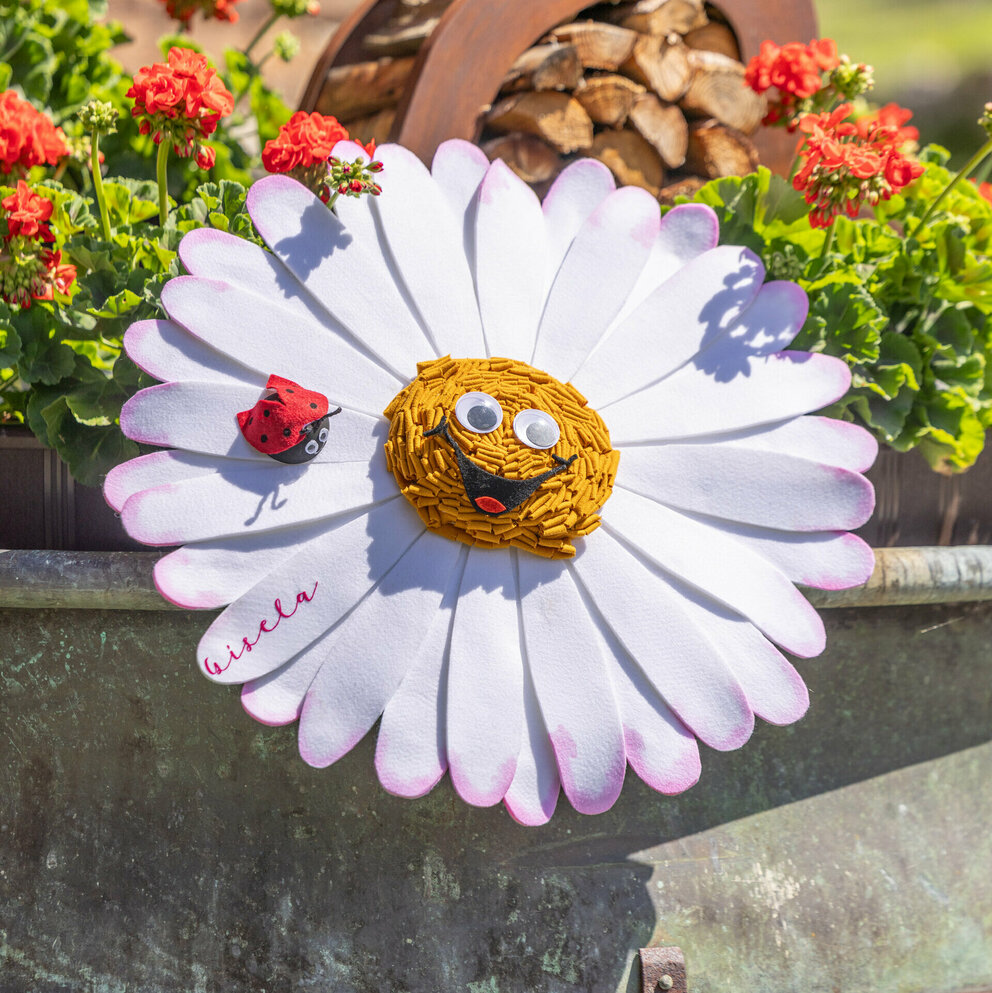 Gisela Gänseblümchen eingebettet in einen Blumentrog mit roten Blümchen, im Hintergrund ist ein Holzscheiterkorb zu sehen.