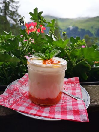 Ein Glas mit Schichtdessert auf einer rot-weiß karierten Serviette vor Alpenpanorama.