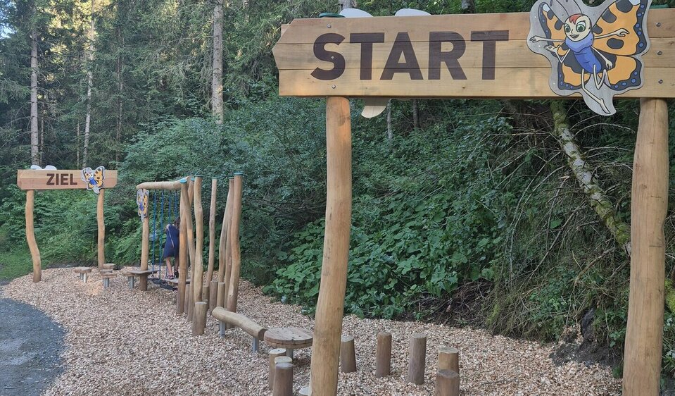 Ein Geschicklichkeitsparkour aus Holz zum Balancieren.