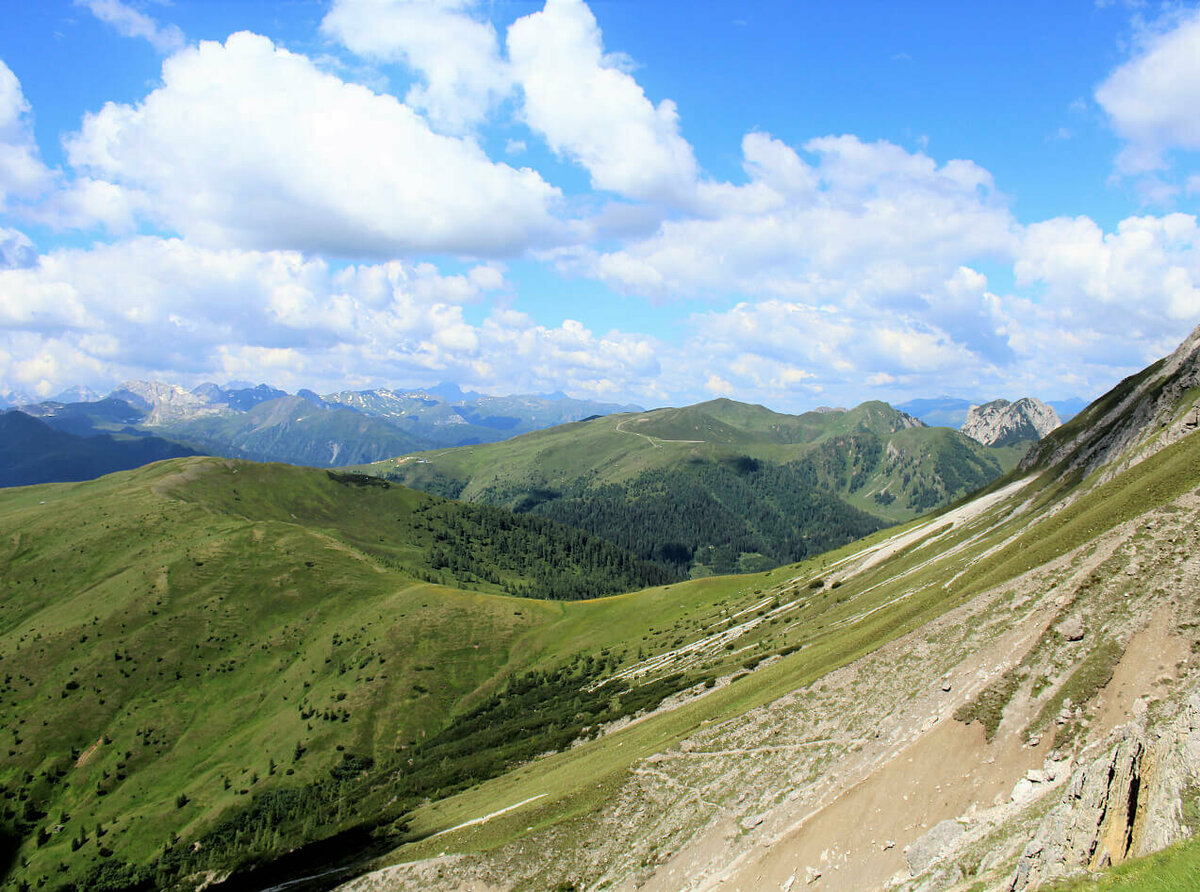 Steile, nach Süden geneigte, sonnige Schotterrinnen im Vordergrund. Im Hintergrund die sanft anmutenden, mit Grasmatten bedeckten Berge der Gailtailer Alpen an einem sonnigen Sommertag. Ein paar kleine Quellwolken zieren den Himmel.