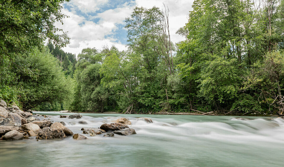 Der sanftblaue Gletscherfluss Isel bahnt sich sanft seinen Weg durch Osttirol, vorbei an Wäldern und dem Weitwanderweg "Iseltrail".