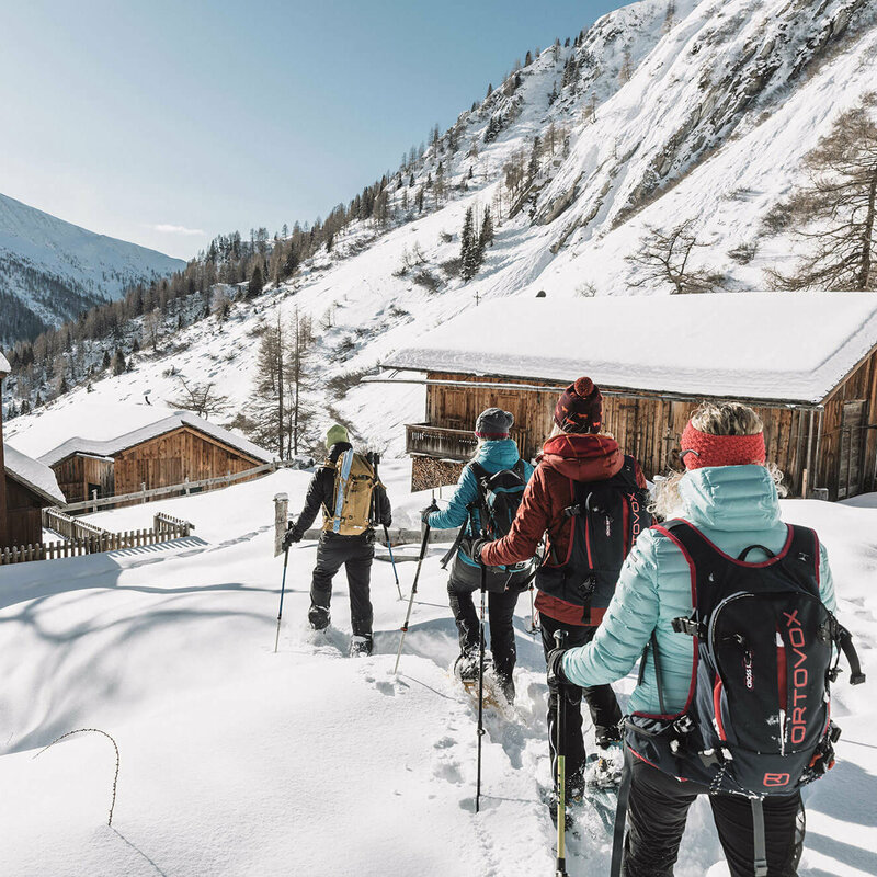 Eine Gruppe beim Schneeschuhwandern im Ködnitztal, bergab ins Tal 