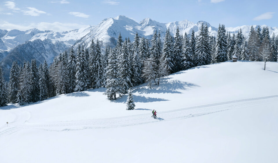 Ein Paar beim Winterwandern aus der Ferne in der winterlichen Landschaft mit einem Wald und Bergpanorama im Hintergrund.