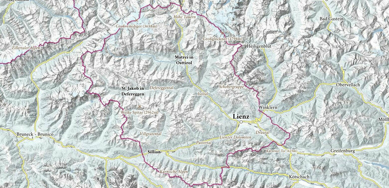 Eine Übersichtskarte von Osttirol, welche die verschiedenen Regionen und wichtigsten Orte benennt.