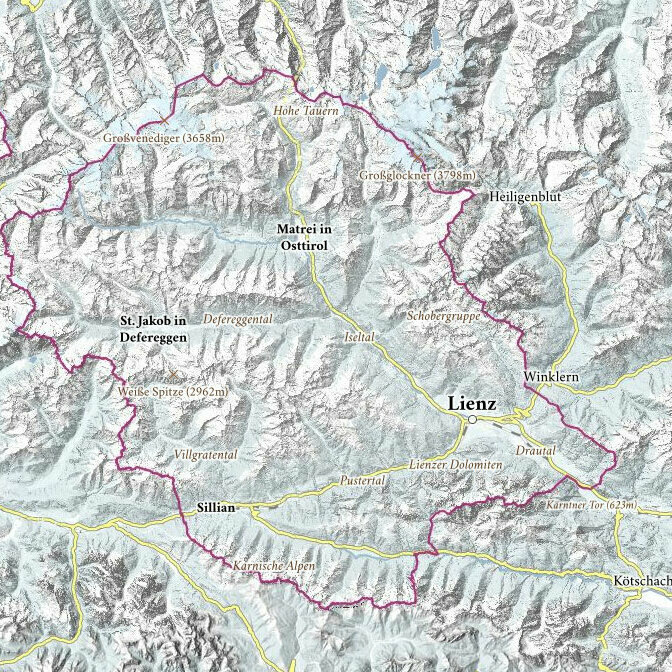 Eine Übersichtskarte von Osttirol, welche die verschiedenen Regionen und wichtigsten Orte benennt.