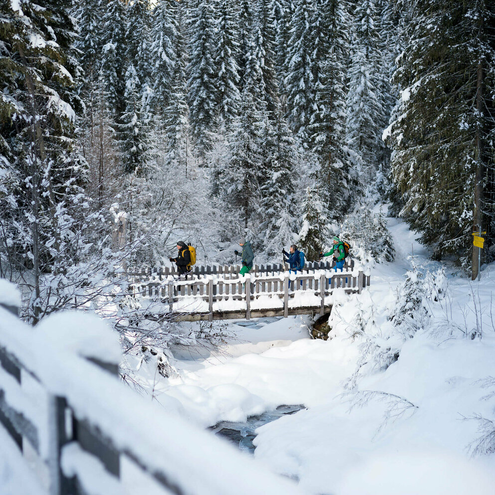 Schneeschuhwanderer:innen überqueren eine Brücke bei der Wanderung im Defereggental