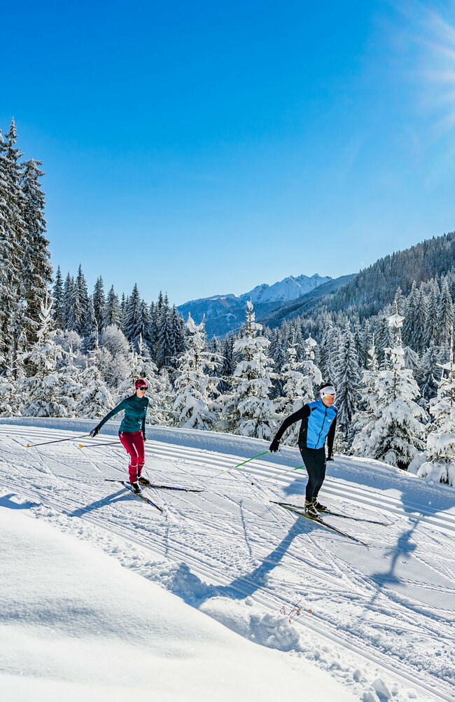 Zwei Langläufer:innen laufen bei strahlendem Sonnenschein auf der Loipe in Obertilliach mit einem frisch verschneiten Wald im Hintergrund