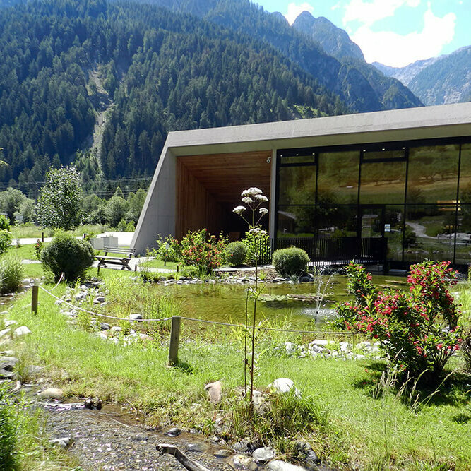 Ein sanft plätschernder Bach schlängelt sich durch den Wohlfühlgarten Vitalpinum, während im Hintergrund der einladende Eingangsbereich mit dem Shop sichtbar ist.