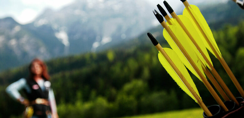 Fünf Pfeile mit gelben Federn in einem Behälter. Im Hintergrund eine Dame mit Bogen.