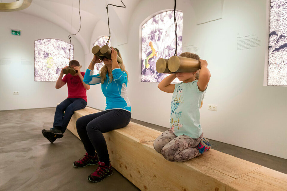 Eltern mit einem kleinem Mädchen sehen durch ein Fernglas im Nationaparkhaus in Matrei 